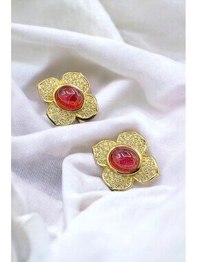 CHRISTIAN DIOR Pave Crystal Red Gripoix Glass Cabochon Clip EARRINGS AB19